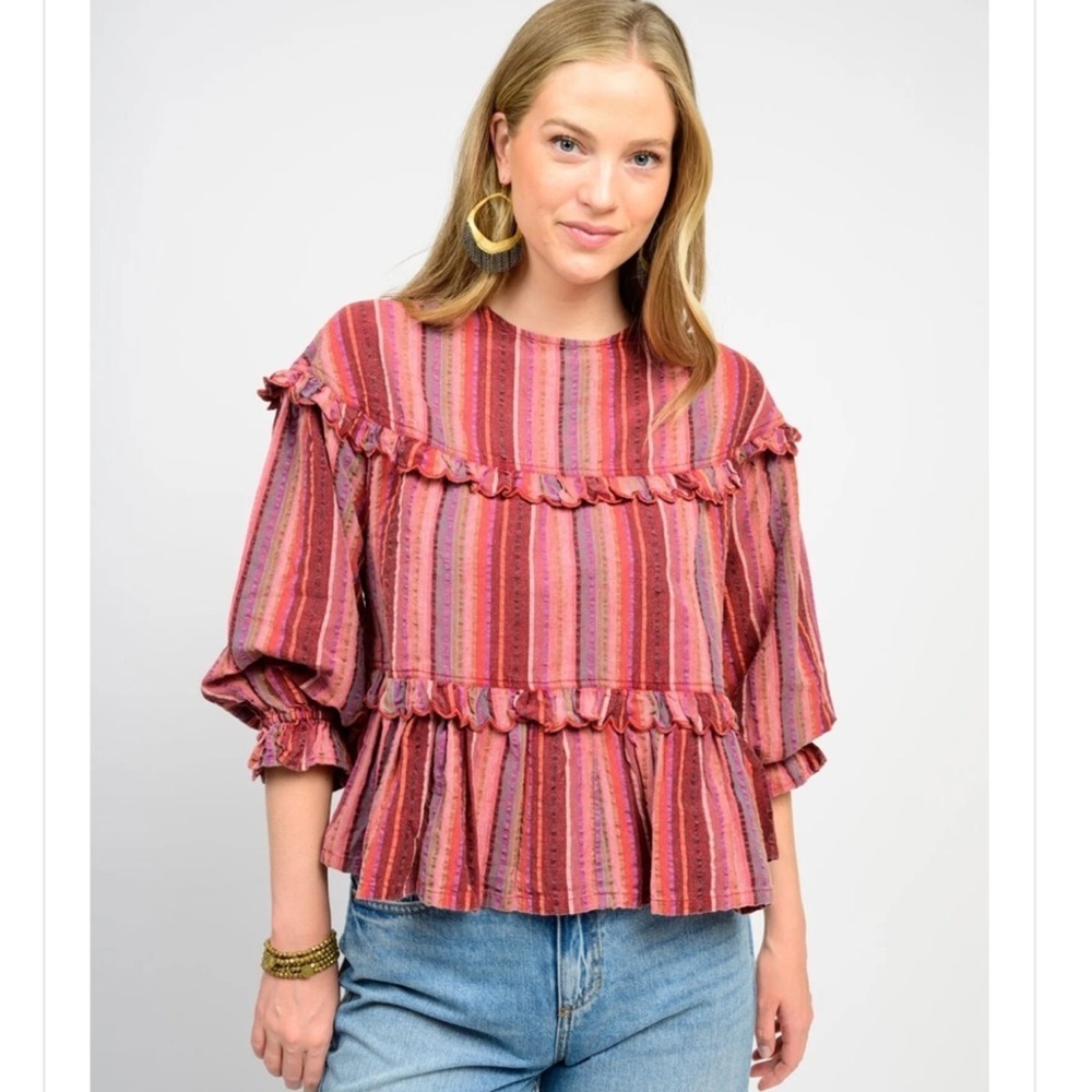 Ivy Jane Women’s Multi Striped Tier Top Feminine Flowy Button Up Back Size Large